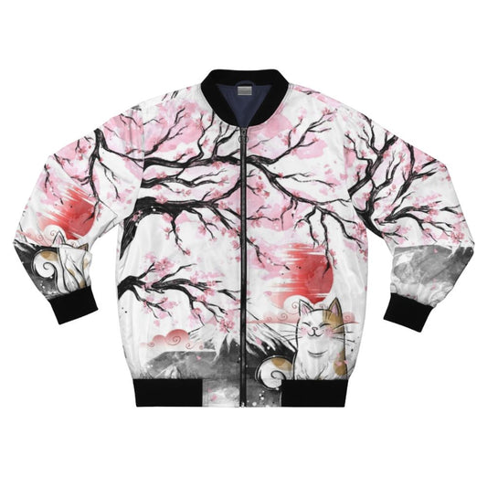 Sakura cat-themed bomber jacket with cherry blossom and cat graphics