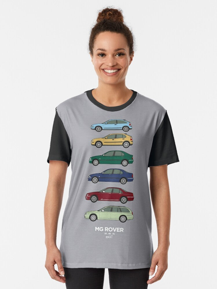 Graphic t-shirt featuring the iconic Rover 25, 45, and 75 classic cars - Women