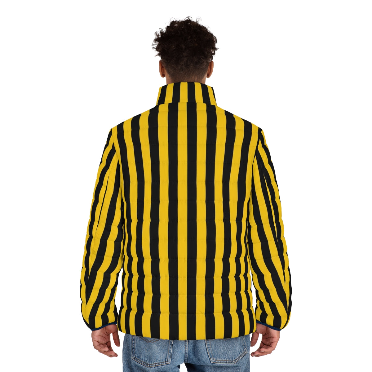 Yellow and black striped puffer jacket - men back