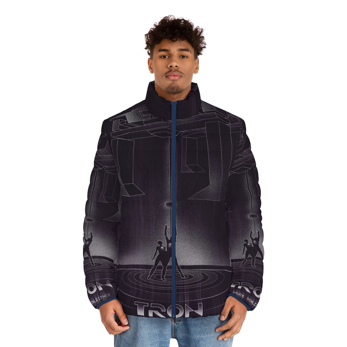 Tron-inspired puffer jacket with futuristic and retro design - men front