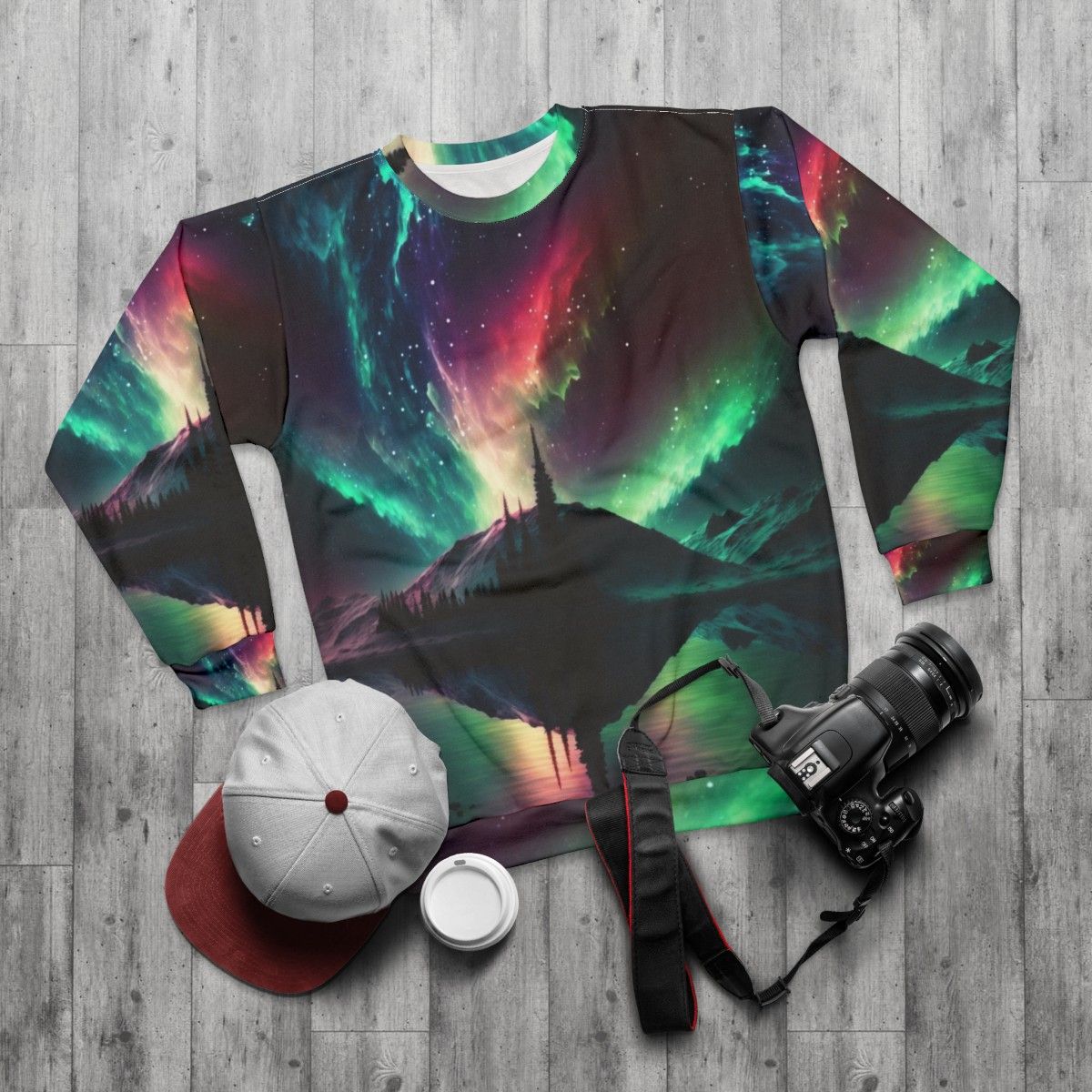 Aurora Borealis Landscape Sweatshirt - flat lay