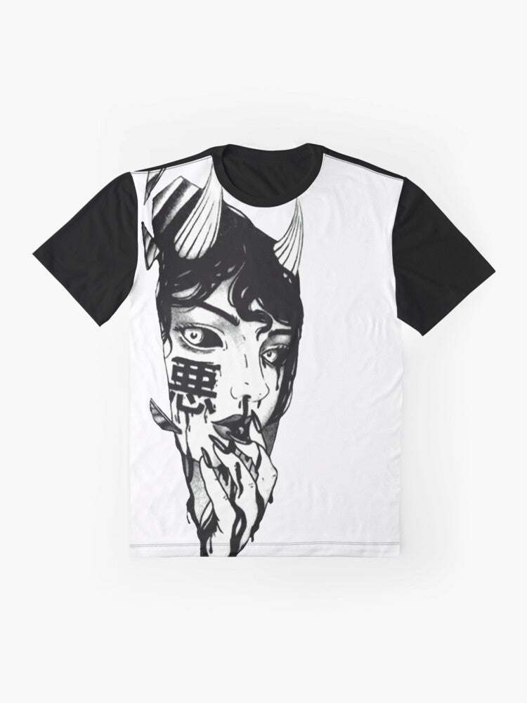 Cyberpunk-inspired Japanese graphic t-shirt with dark, futuristic design - Flat lay