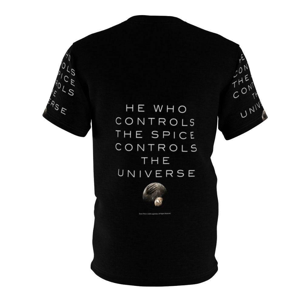 Dune-inspired graphic t-shirt featuring the text "He Who Controls The Universe" - Back