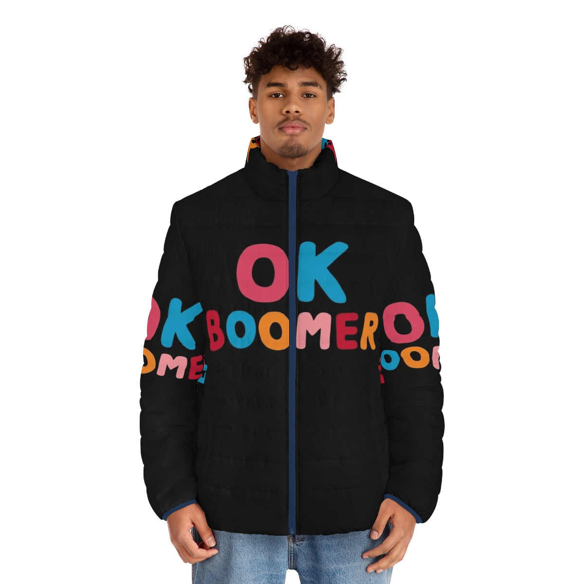 A vibrant "Ok Boomer" puffer jacket featuring bold typography and colorful graphic prints. - men front