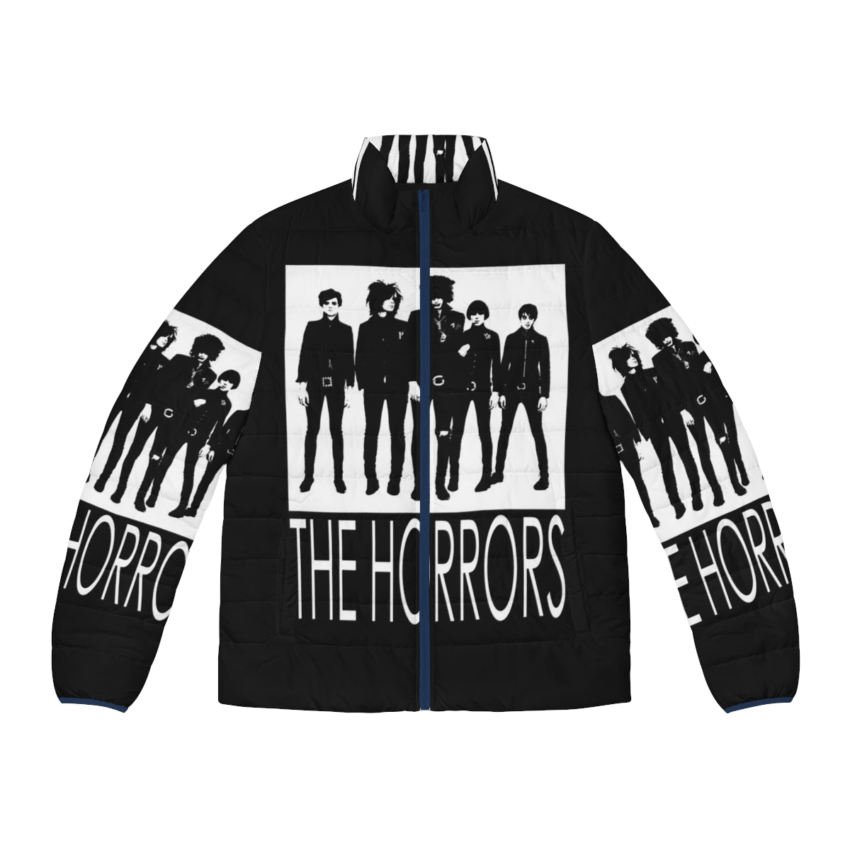 A black puffer jacket featuring the logo and branding of the horror punk band The Horrors