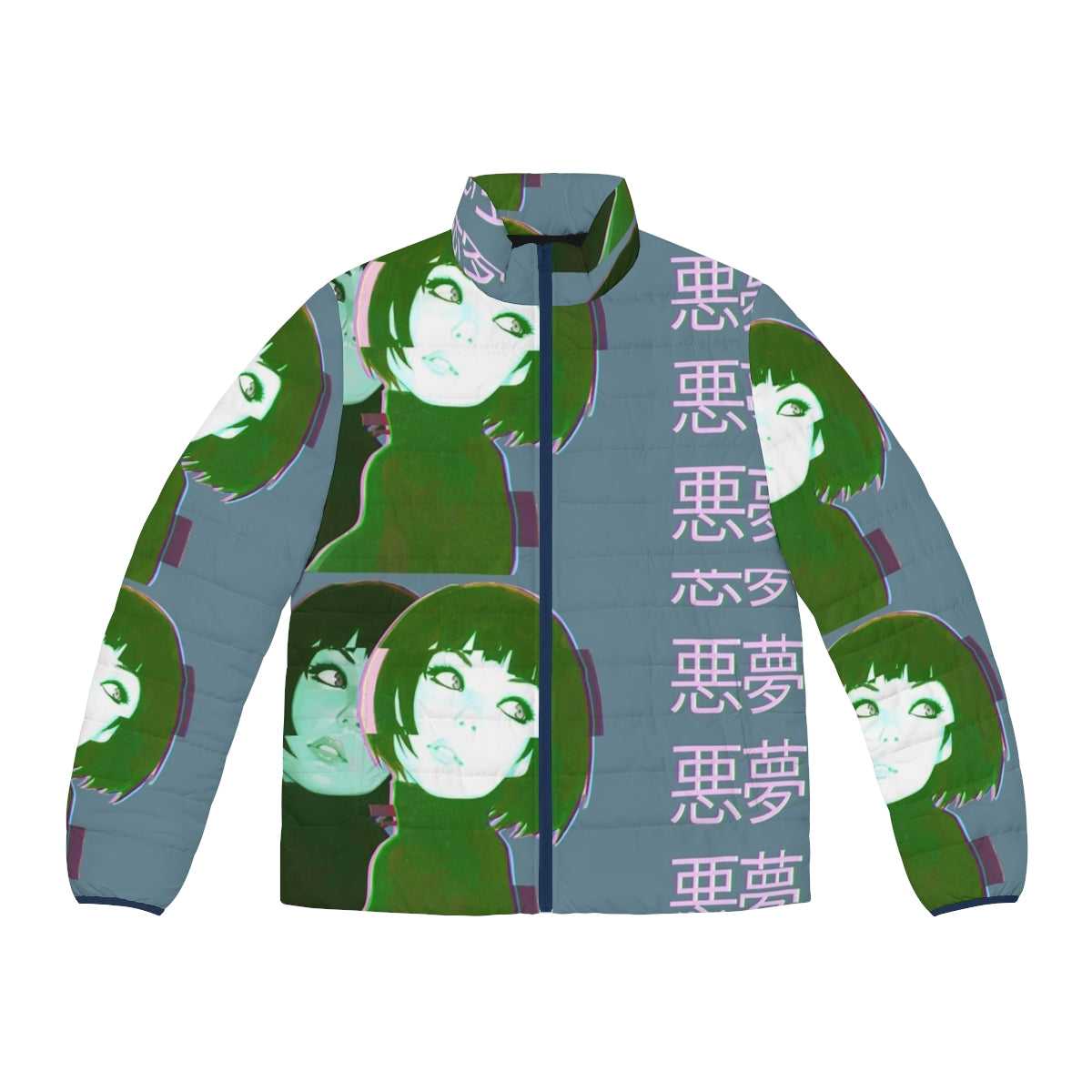 Vaporwave anime girl wearing a puffer jacket with retro 80s aesthetic