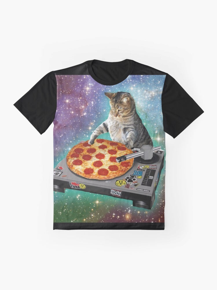 DJ Cat Pizza Graphic T-Shirt with a cool, funny, and meme-worthy design - Flat lay