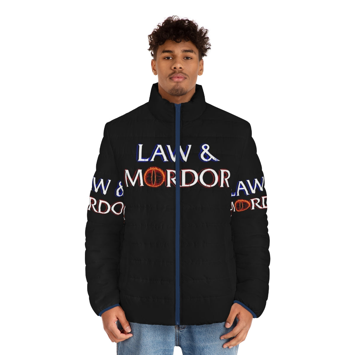 Model wearing a black puffer jacket with "Law and Mordor" design, inspired by the Lord of the Rings fantasy series - men front