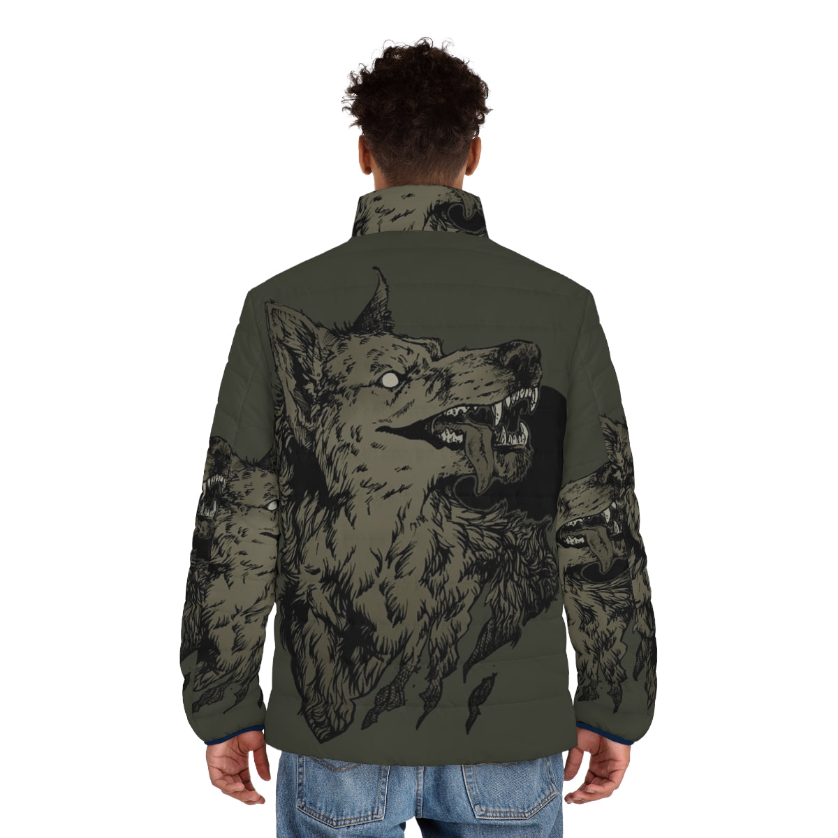 Black puffer jacket with werewolf design, featuring a full moon and howling wolf - men back