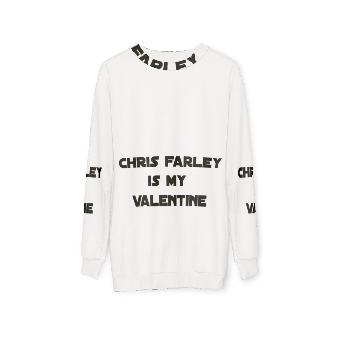 Retro Chris Farley themed sweatshirt with "Is My Valentine" text - hanging