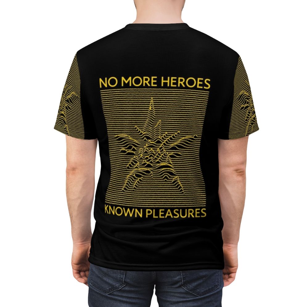 Retro gaming inspired t-shirt featuring the "No More Heroes" logo and design - men back