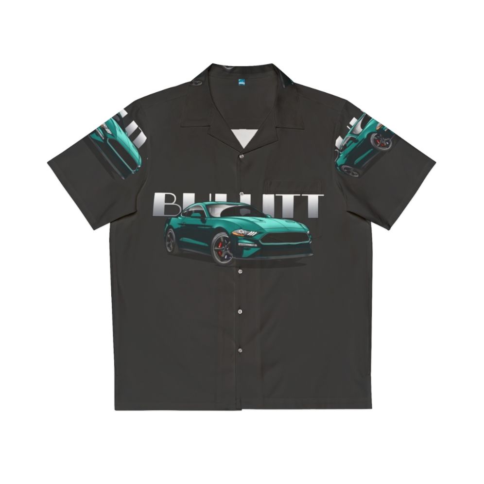 Bullitt Mustang Hawaiian Shirt featuring a retro green Ford Mustang car