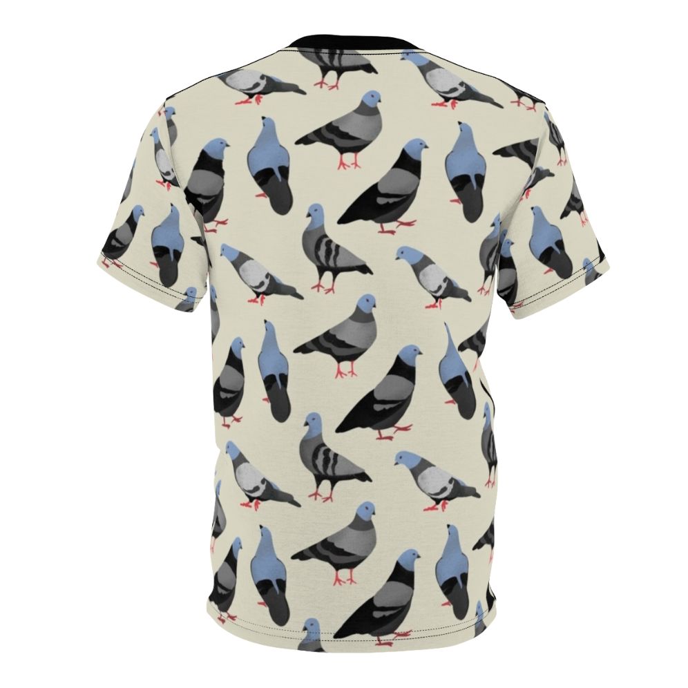 Colorful graphic illustration of pigeons on an all-over-print t-shirt design - Back