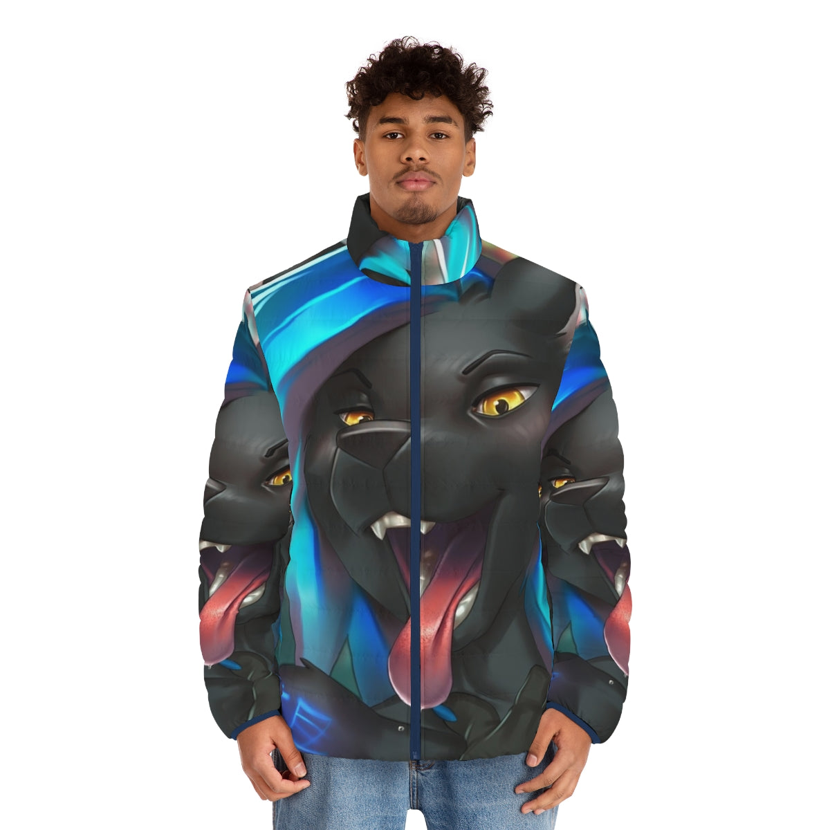 Ichigo Neko anime-inspired puffer jacket with a hooded design and a cute feline print - men front