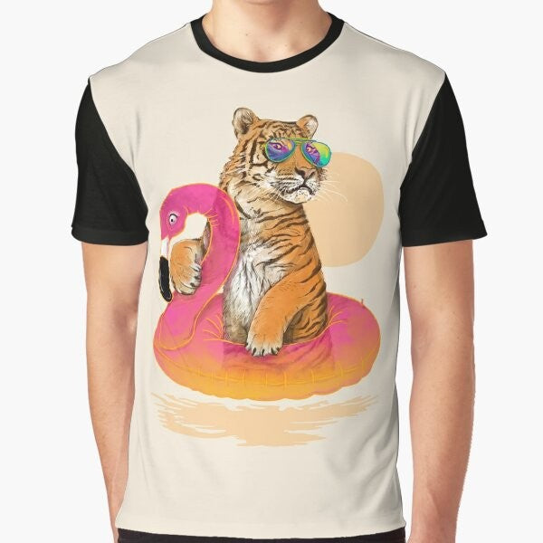 Colorful graphic t-shirt featuring a tiger and flamingo in a tropical, summery design