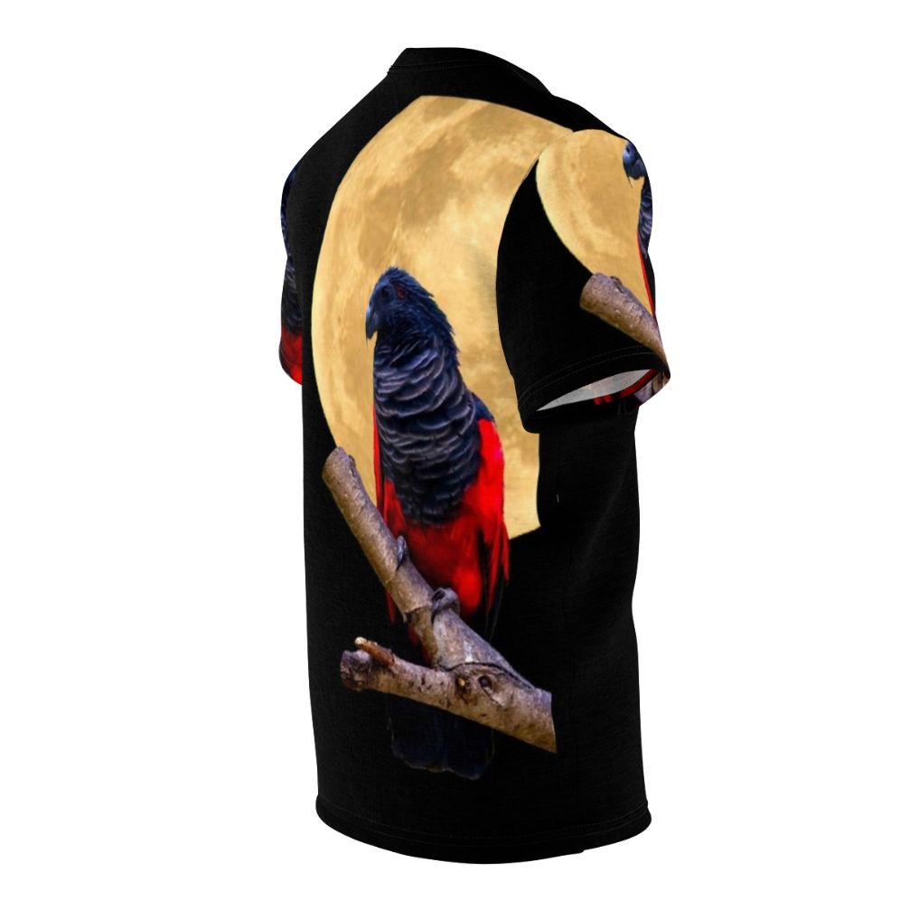 Illustration of a parrot wearing a Dracula costume against a crescent moon on a black t-shirt - men right