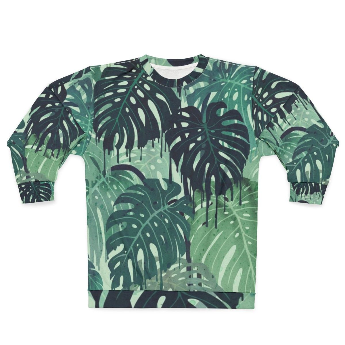 Tropical monstera leaves melting in a surreal green and blue sweatshirt design