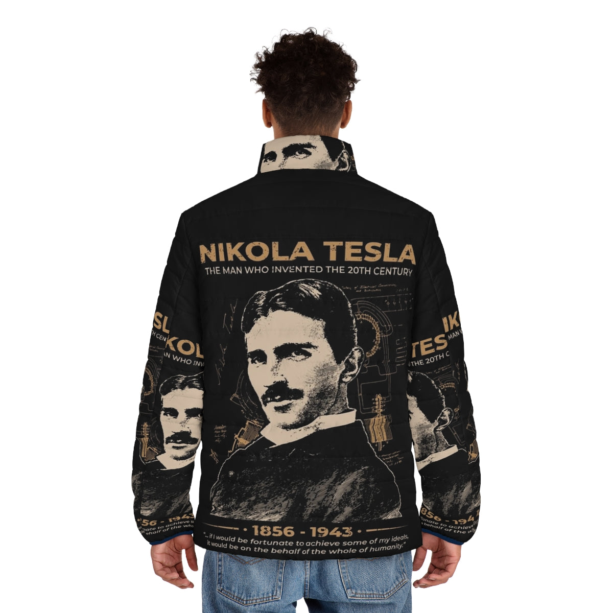 Nikola Tesla inspired puffer jacket featuring his iconic portrait and quotes - men back