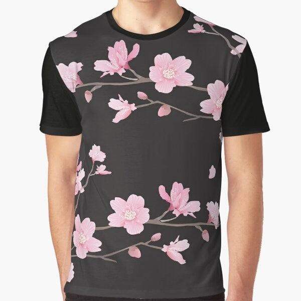 Elegant cherry blossom flower plant graphic t-shirt in black