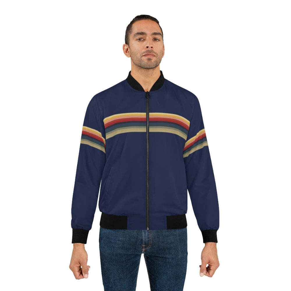 Thirteenth Doctor Bomber Jacket with rainbow lines pattern, featuring Jodie Whittaker's 13th Doctor from the sci-fi TV series. - Lifestyle