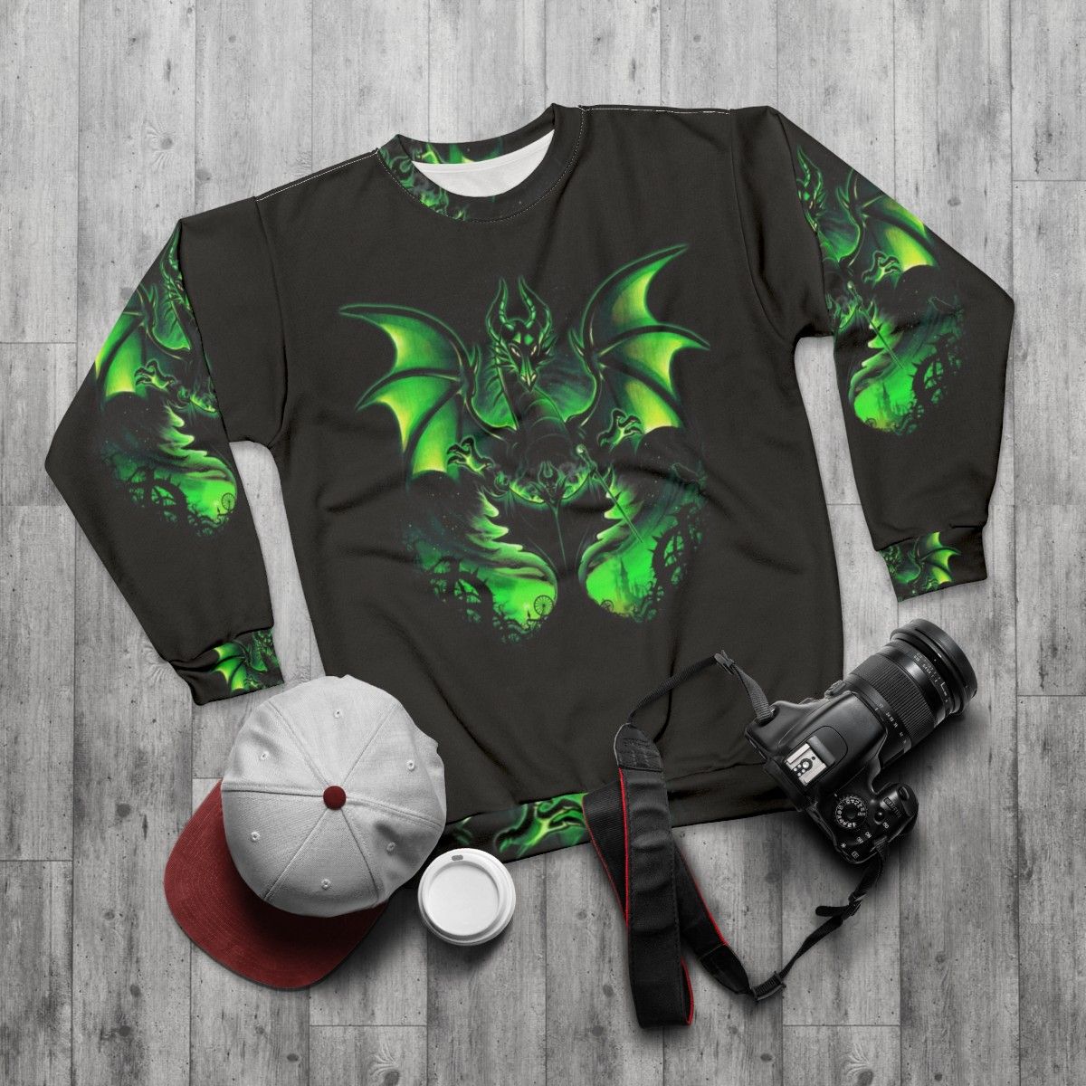 Maleficium sweatshirt featuring a sleeping beauty villain and dragon design - flat lay