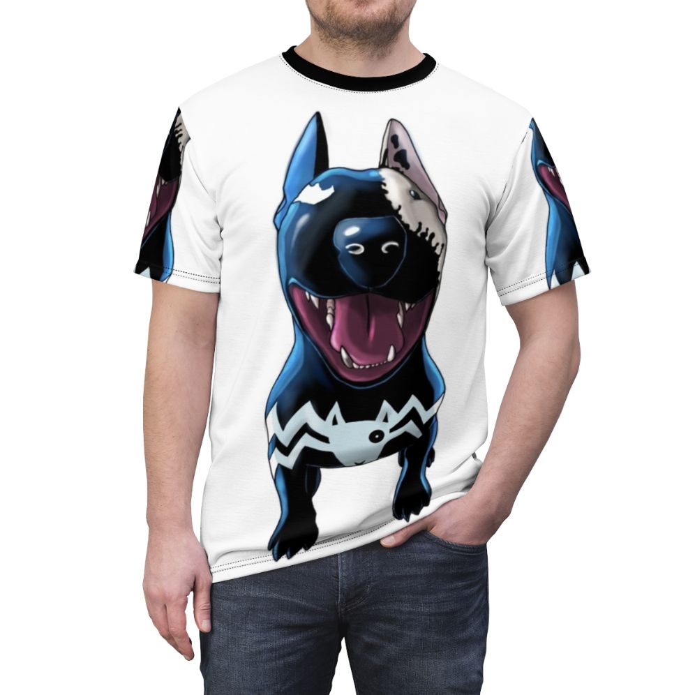 Monochrome graphic t-shirt featuring a superhero and supervillain bull terrier dog in a comic book style design. - men front