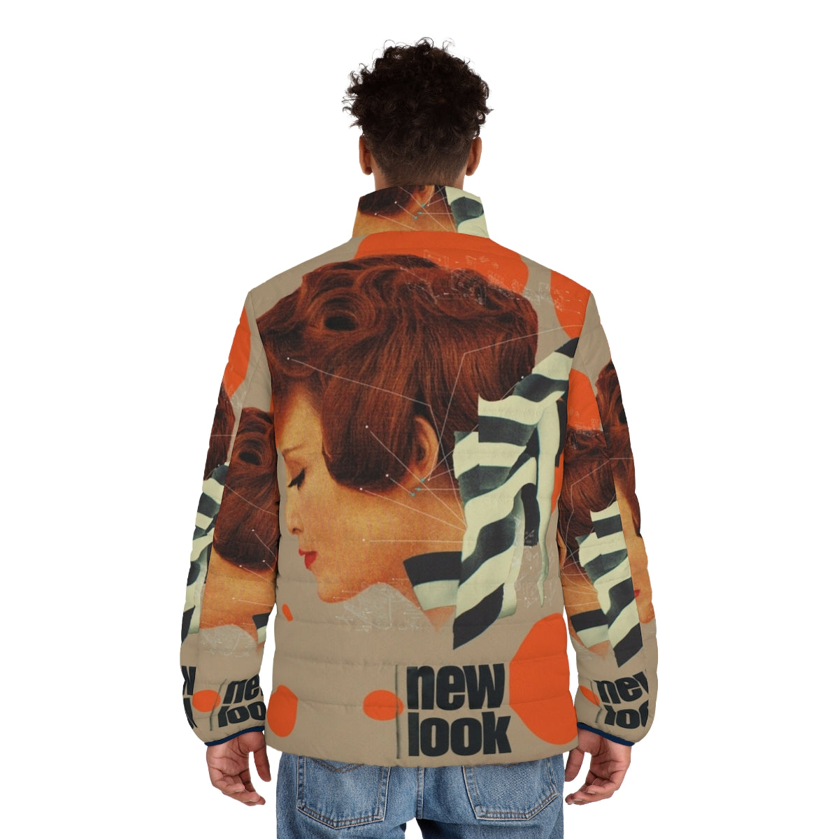 Woman wearing a retro-inspired puffer jacket in orange and black and white geometric design - men back