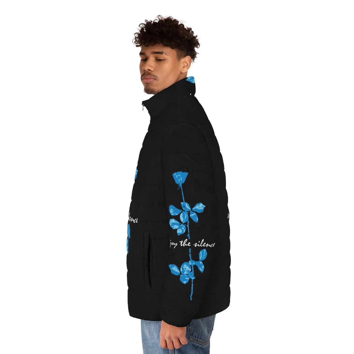 Blue puffer jacket with "Enjoy the Silence" Depeche Mode inspired design - men side left