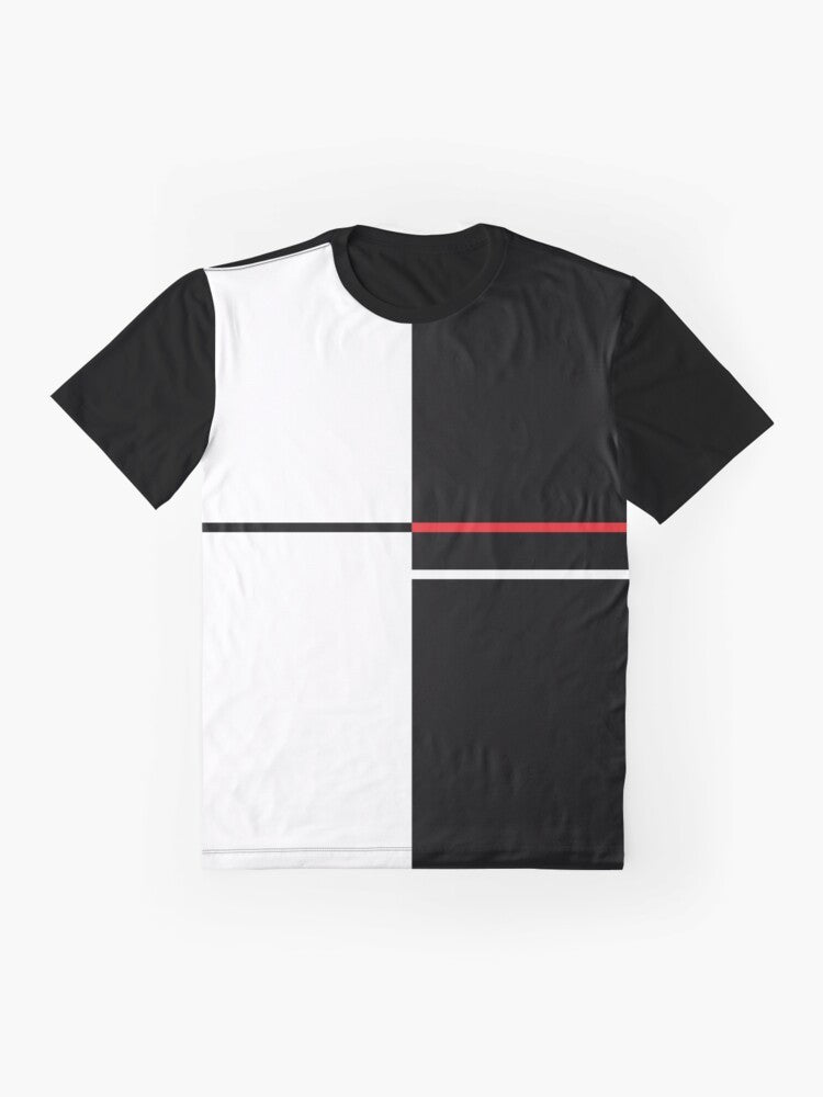 Minimalist, monochrome graphic t-shirt design featuring the Monokuma character from the Danganronpa anime and video game series. - Flat lay