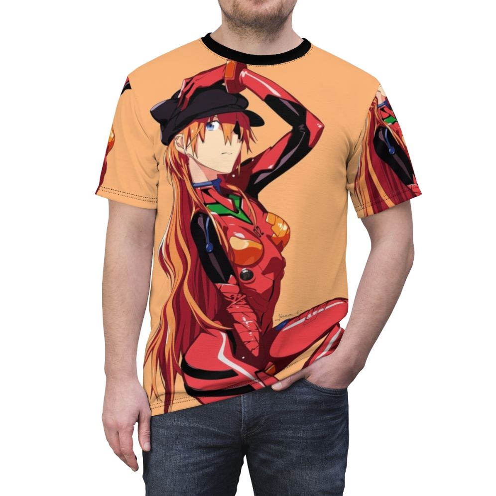 Asuka anime graphic t-shirt featuring vibrant colors and Neon Genesis Evangelion inspired design - men front