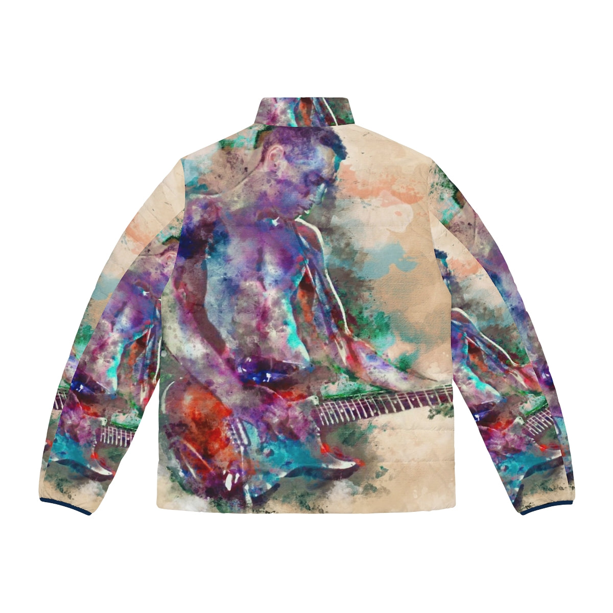 A vibrant, graphic puffer jacket featuring a guitar design, perfect for music lovers. - Back