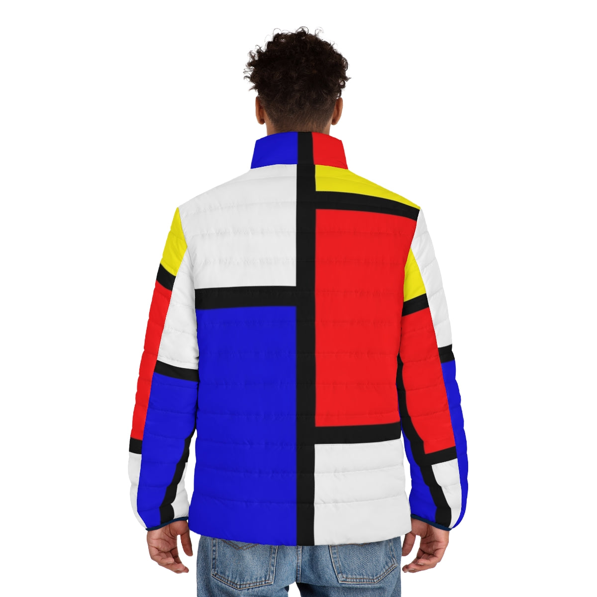 Mondrian inspired geometric puffer jacket in bold primary colors - men back