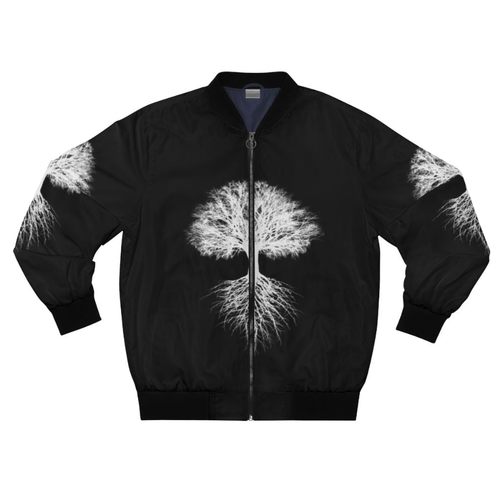 A green and blue bomber jacket with a tree of life design, representing nature and the environment.