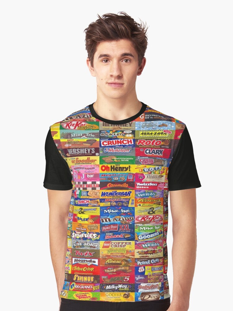 Colorful graphic t-shirt featuring various candy wrappers and packaging designs - Men