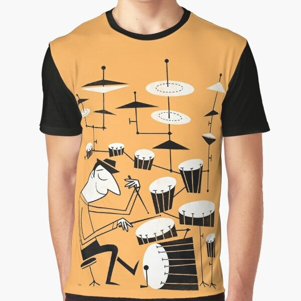 A vintage-style graphic t-shirt design featuring a drummer playing drums with a funky, musical "Beat the Drum" text.