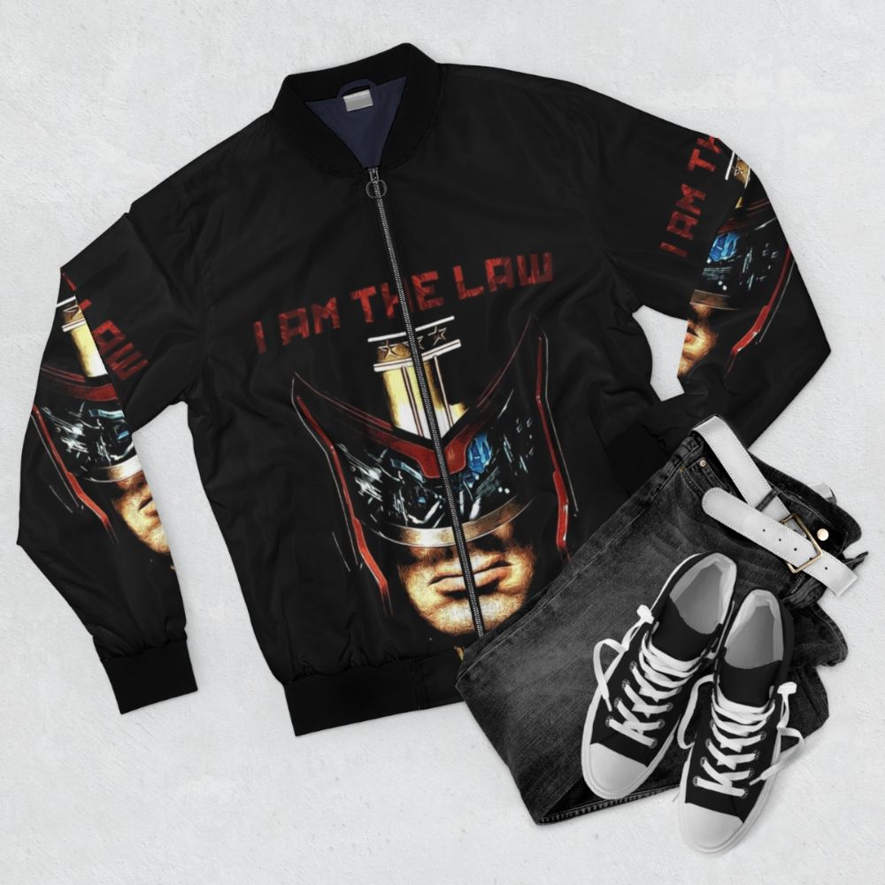 "I Am the Law" sci-fi bomber jacket featuring a judge uniform design - Flat lay