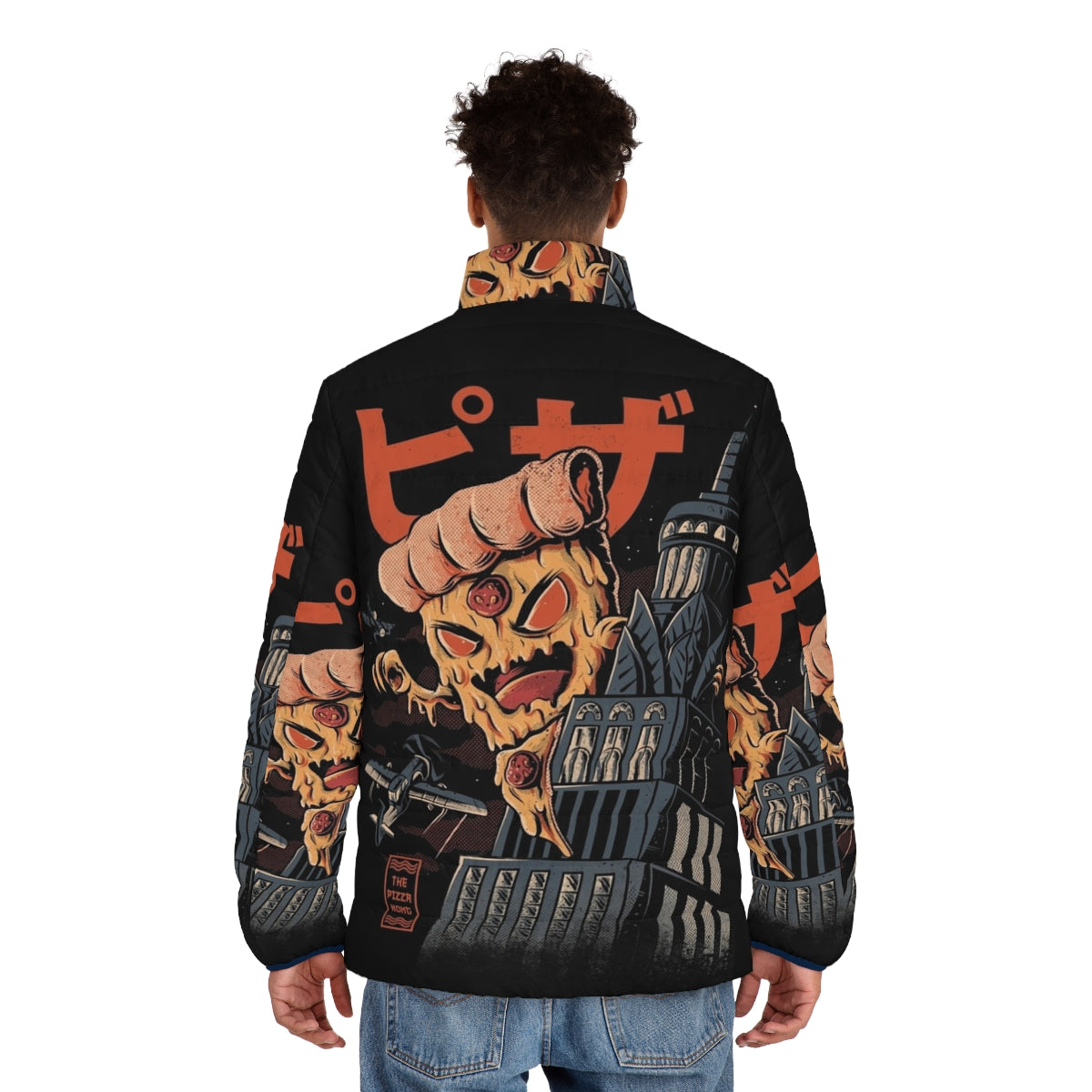 Retro Pizza Kong Puffer Jacket with Japanese Kaiju and Monster Inspired Design - men back