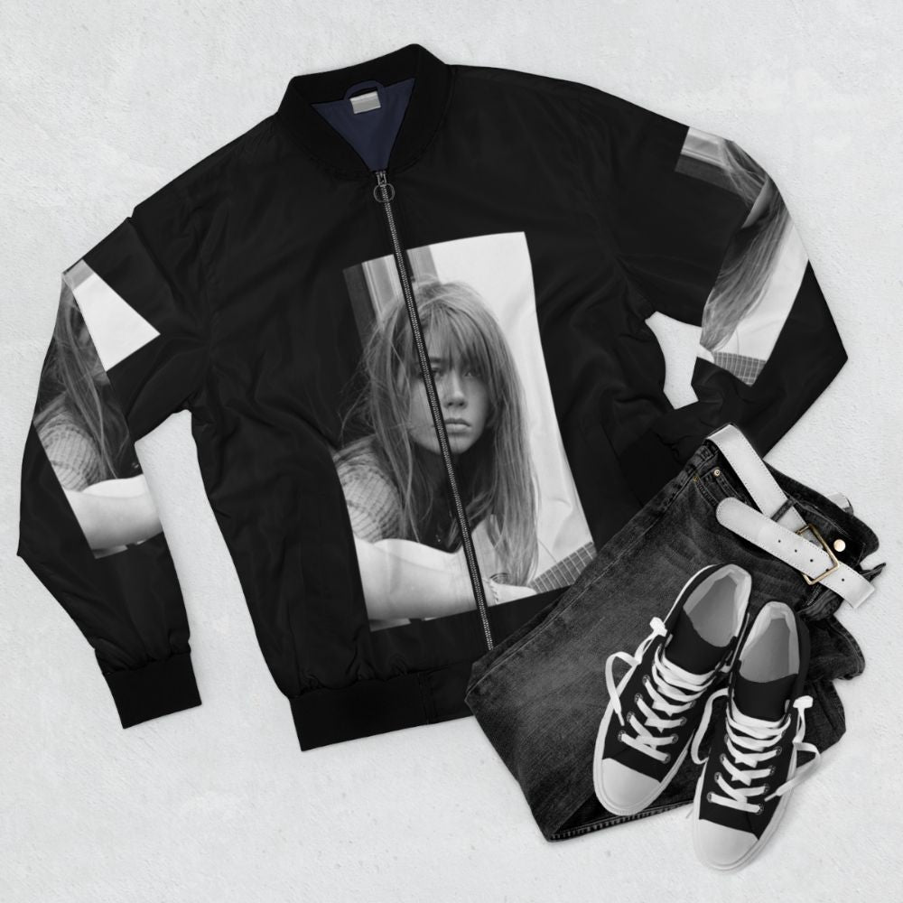 Francoise Hardy wearing a retro 60s bomber jacket - Flat lay