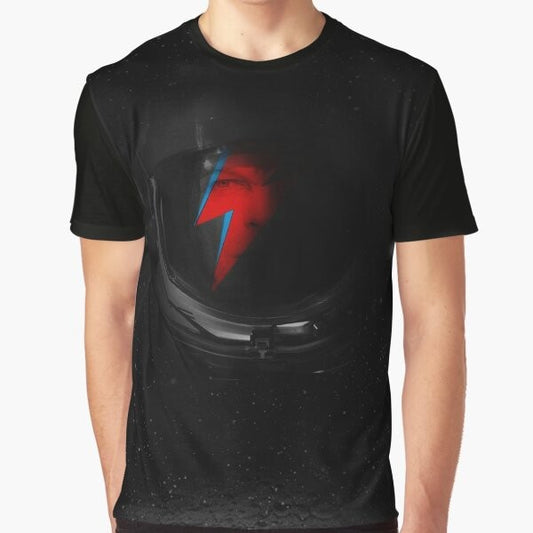 Space-themed graphic t-shirt design featuring Major Tom, the iconic character from David Bowie's "Space Oddity"