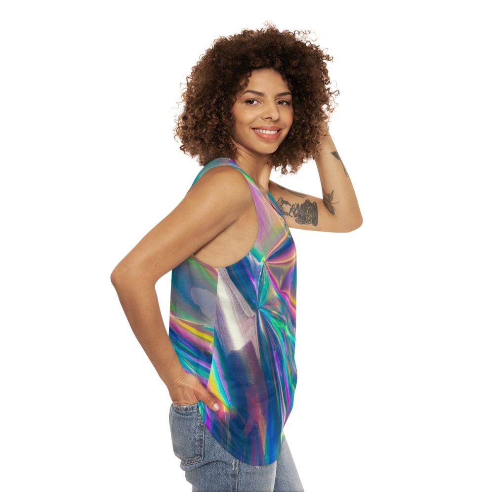 Holographic unisex tank top with vibrant, iridescent colors - women side