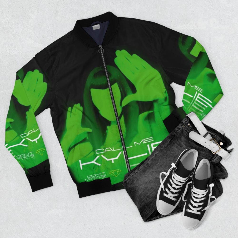 Kylie Minogue bomber jacket with 'Call Me Kylie-lie-lie (Tension)' fan art design - Flat lay