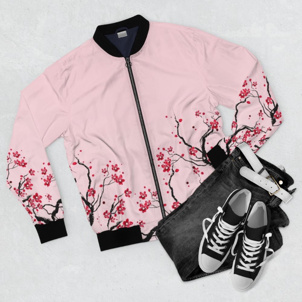 A stylish bomber jacket featuring a delicate cherry blossom floral design - Flat lay