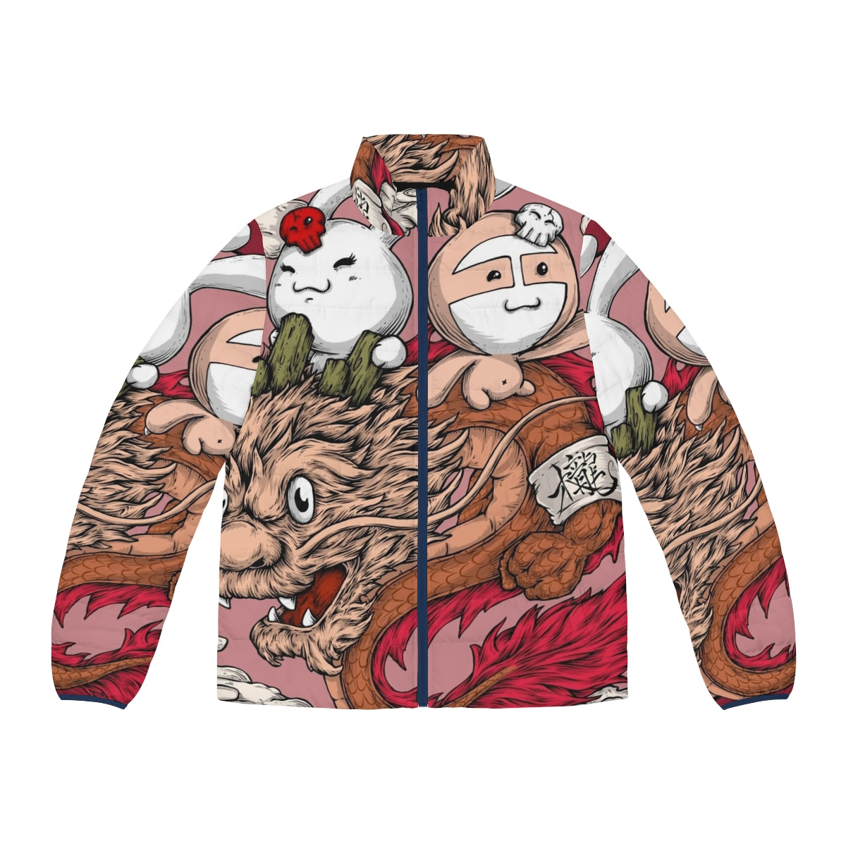 A colorful puffer jacket with a dragon, sloth, and bunny print design