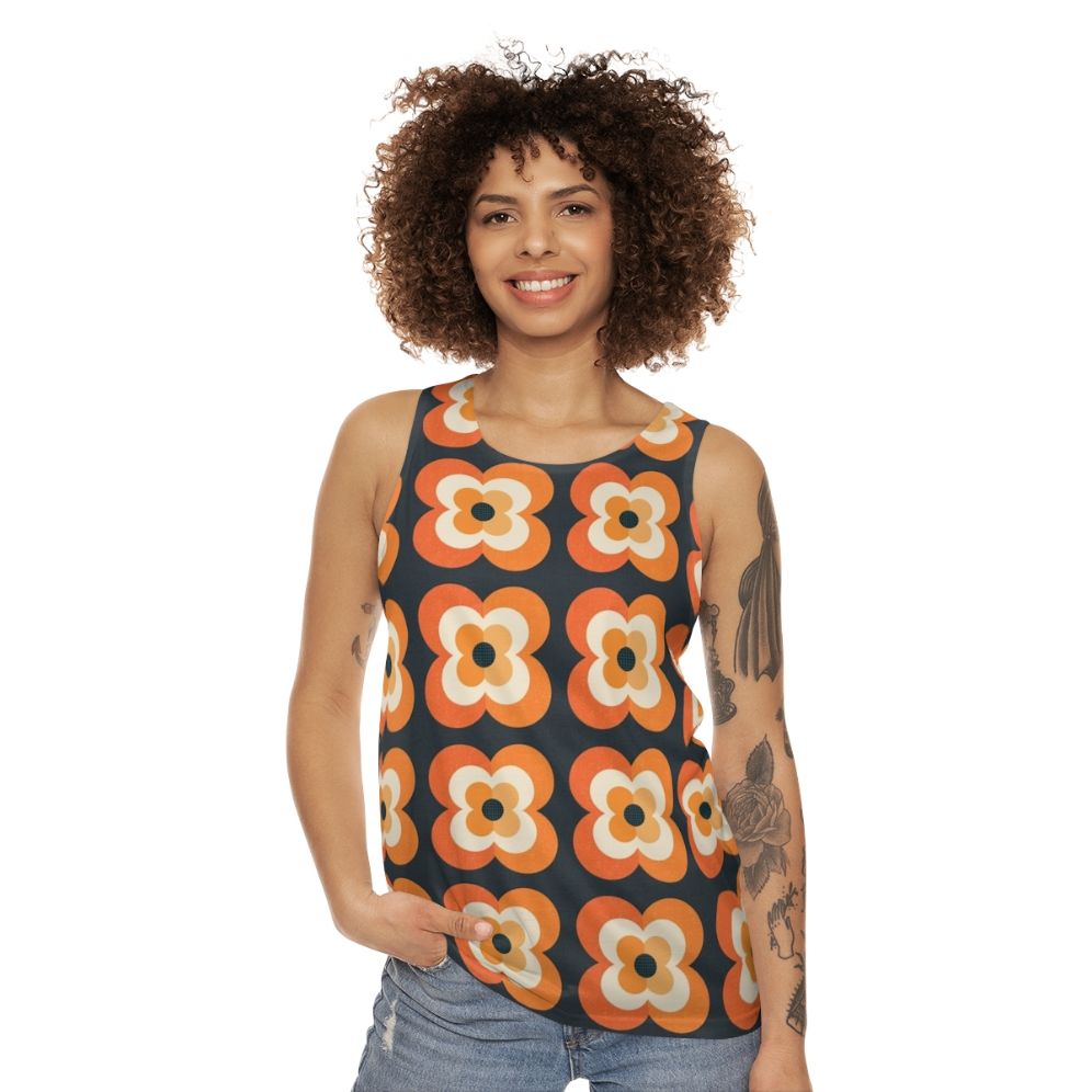 Retro flowers orange and charcoal unisex tank top - women