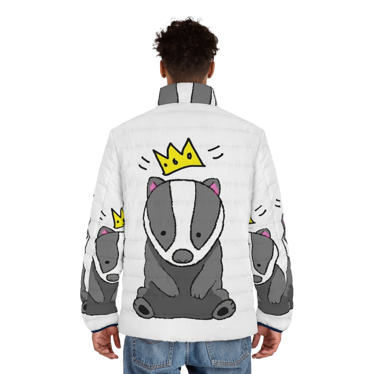 Chunt the Badger King puffer jacket featuring Hello From the Magic Tavern podcast design - men back