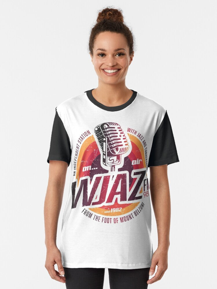 Vintage radio design graphic t-shirt with WJAZ logo for 70s music fans - Women