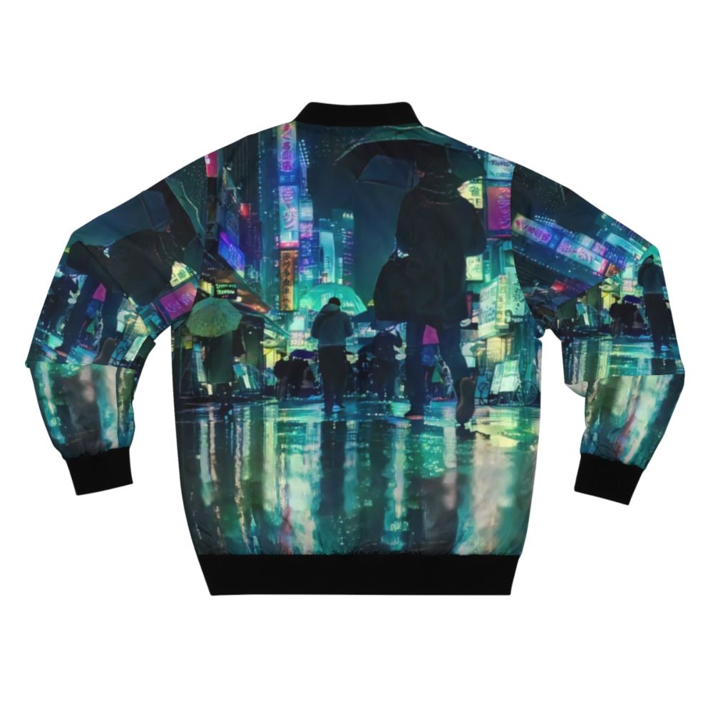 Cyberpunk-inspired bomber jacket featuring a rainy cityscape of Tokyo at night with neon lights, skyscrapers, and a dystopian, vaporwave-esque atmosphere. - Back