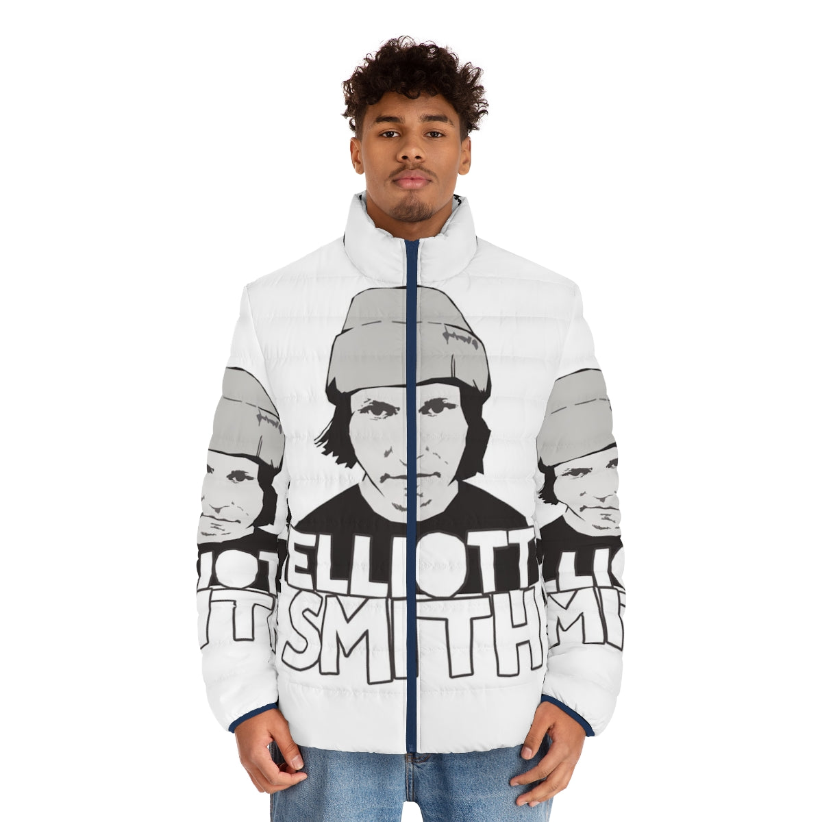 Elliott Smith Puffer Jacket featuring the iconic singer-songwriter's name and image - men front