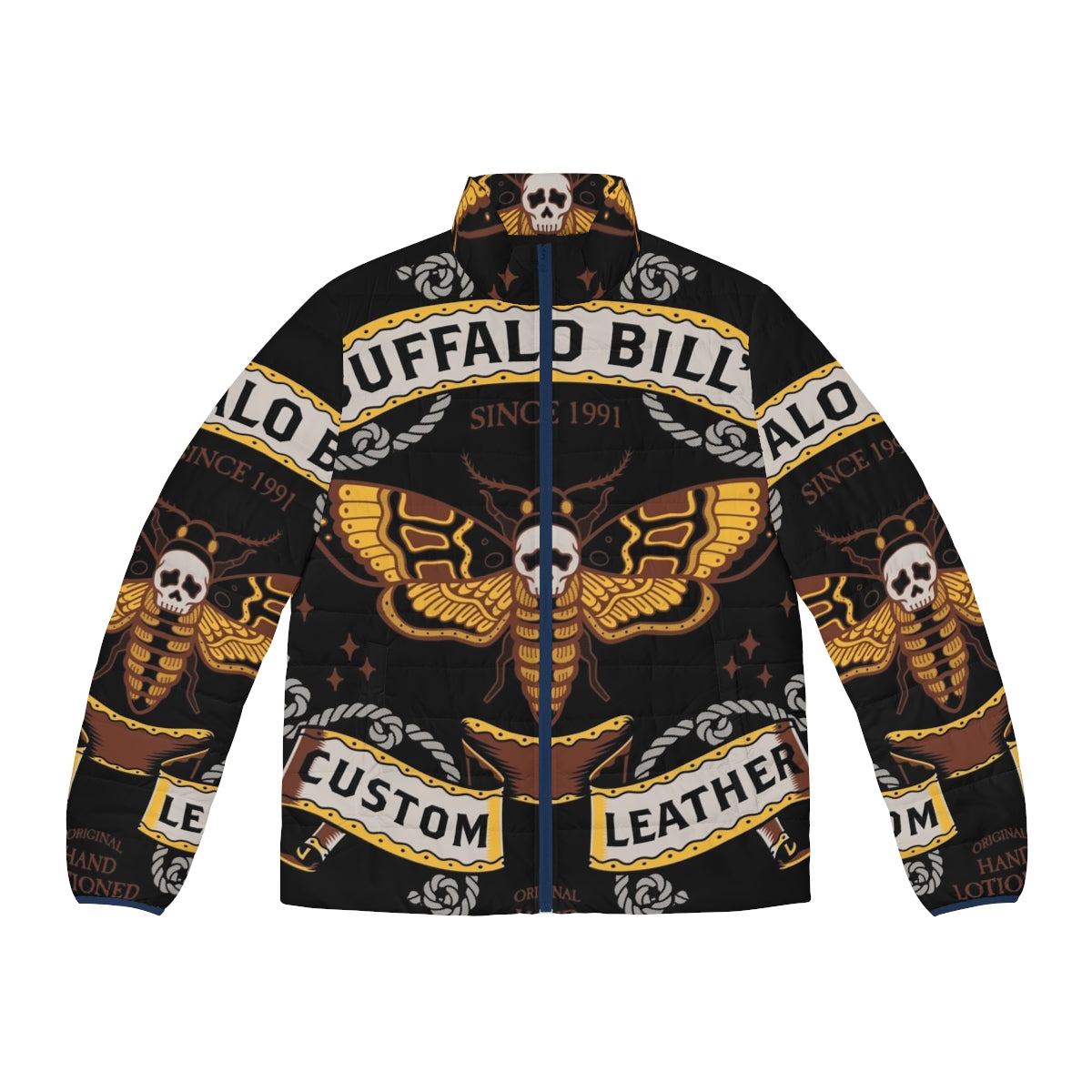 Leather puffer jacket with gothic "Buffalo Bill" inspired design and death's head hawkmoth motif