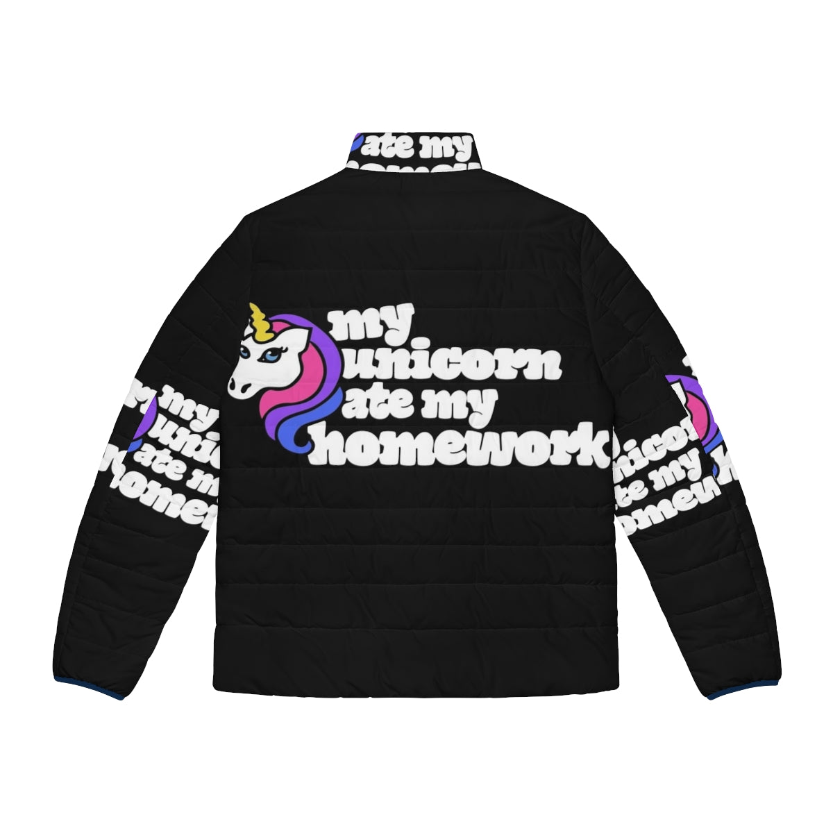 A colorful puffer jacket with a unicorn design - Back